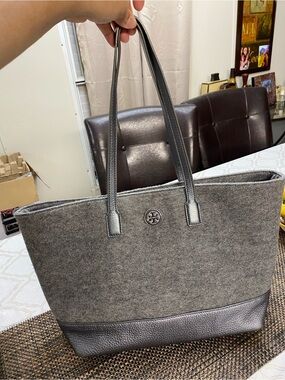 Tory Burch Gray Felt Tote with Leather Trim